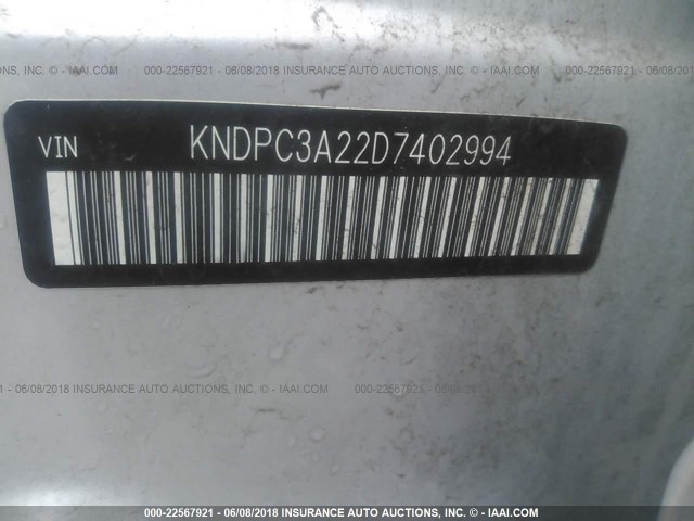 KNDPC3A22D7402994 - 2013 KIA SPORTAGE EX SILVER photo 9