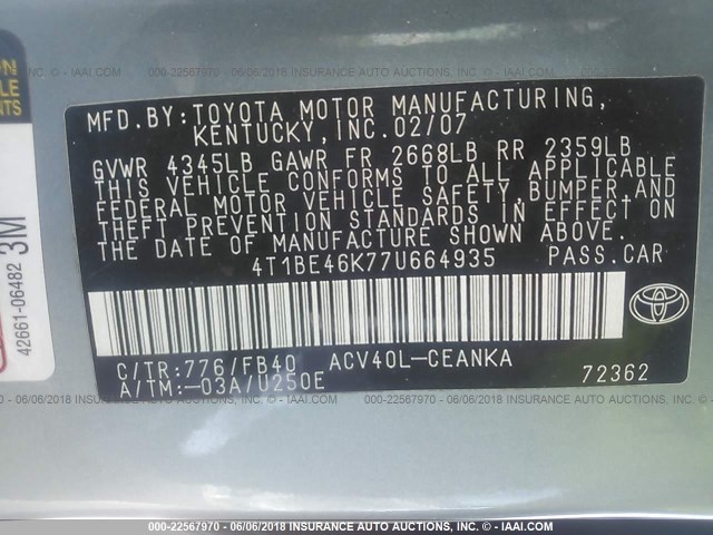 4T1BE46K77U664935 - 2007 TOYOTA CAMRY NEW GENERAT CE/LE/XLE/SE GREEN photo 9