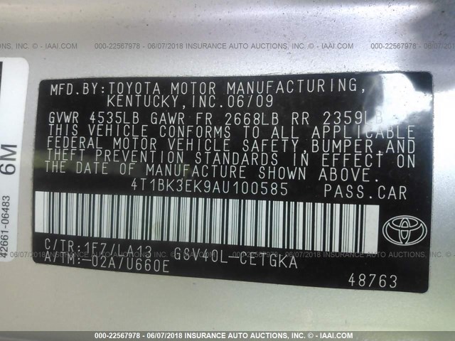 4T1BK3EK9AU100585 - 2010 TOYOTA CAMRY SE/LE/XLE 银色 照片 9