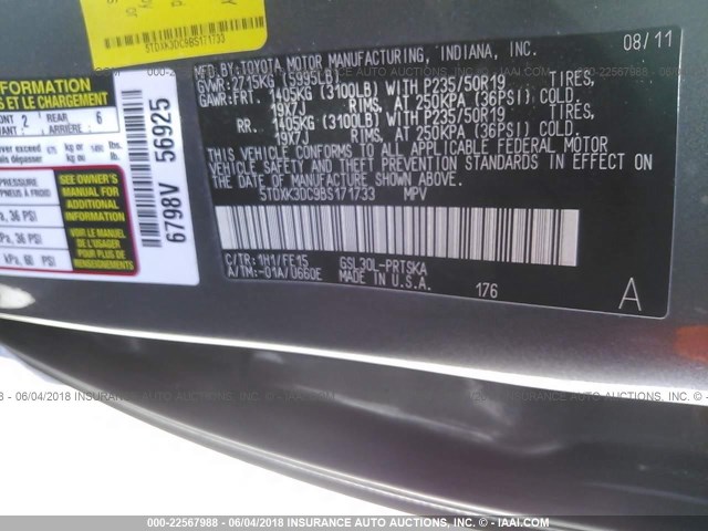 5TDXK3DC9BS171733 - 2011 TOYOTA SIENNA SPORT 灰色 照片 9