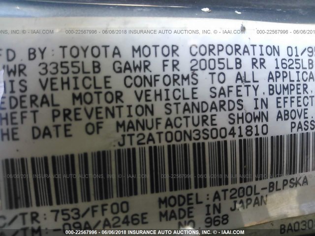 JT2AT00N3S0041810 - 1995 TOYOTA CELICA ST BLUE photo 9