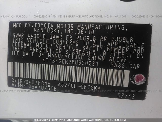 4T1BF3EK2BU620231 - 2011 TOYOTA CAMRY SE/LE/XLE WHITE photo 9