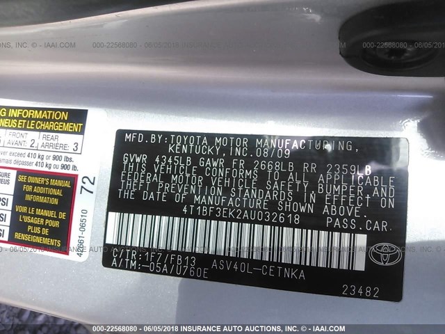 4T1BF3EK2AU032618 - 2010 TOYOTA CAMRY SE/LE/XLE 银色 照片 9