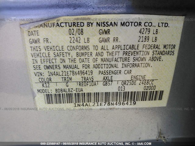 1N4AL21E78N496419 - 2008 NISSAN ALTIMA 2.5/2.5S SILVER photo 9