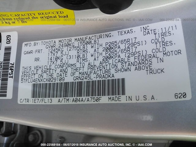 5TFLU4ENXCX029109 - 2012 TOYOTA TACOMA DOUBLE CAB SILVER photo 9