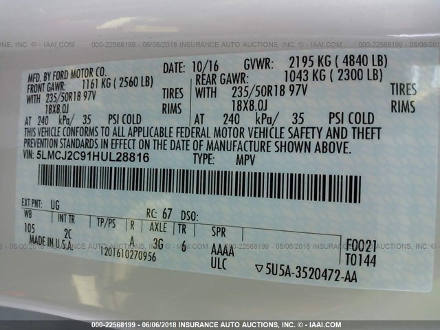 5LMCJ2C91HUL28816 - 2017 LINCOLN MKC SELECT თეთრი ფოტო 9