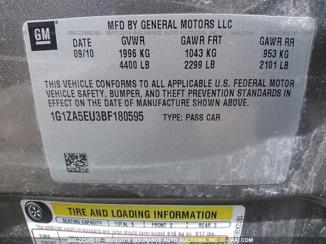 1G1ZA5EU3BF180595 - 2011 CHEVROLET MALIBU LS ოქროსფერი ფოტო 9