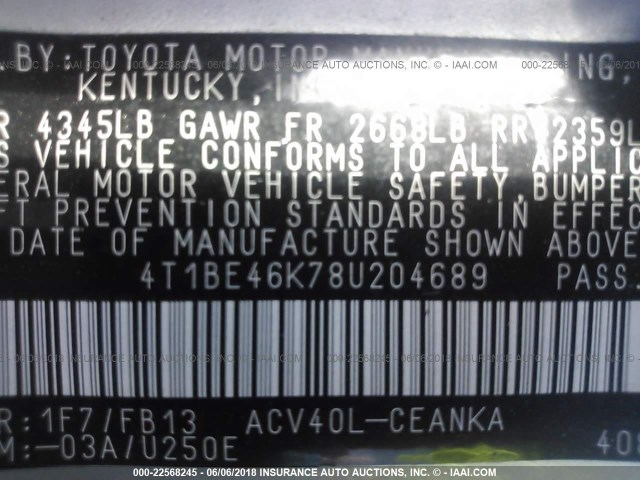 4T1BE46K78U204689 - 2008 TOYOTA CAMRY CE/LE/XLE/SE SILVER photo 9