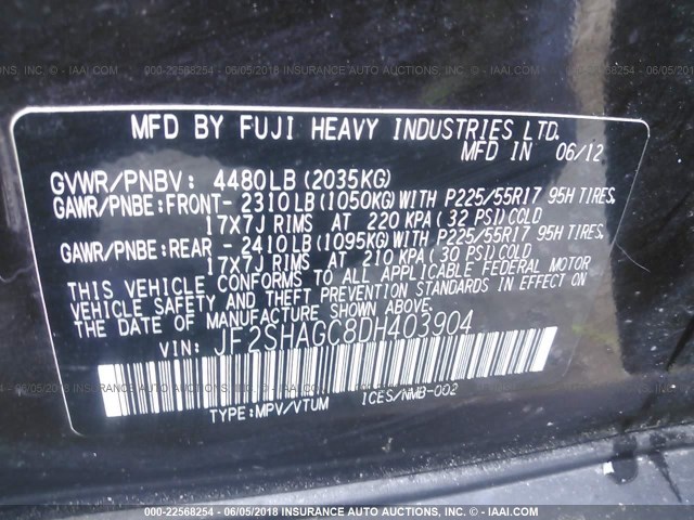 JF2SHAGC8DH403904 - 2013 SUBARU FORESTER TOURING 黑色 照片 9