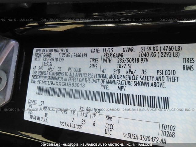 1FMCU9JXXGUB63013 - 2016 FORD ESCAPE TITANIUM BLACK photo 9