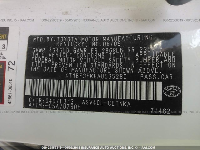 4T1BF3EK8AU535280 - 2010 TOYOTA CAMRY SE/LE/XLE 白色 照片 9