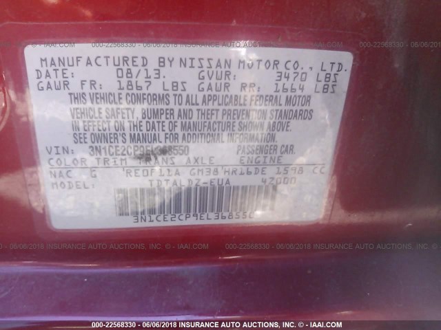 3N1CE2CP9EL368550 - 2014 NISSAN VERSA NOTE S/S PLUS/SV/SL RED photo 9