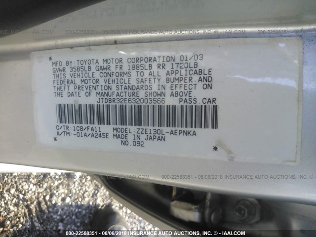 JTDBR32E632003566 - 2003 TOYOTA COROLLA CE/LE SILVER photo 9