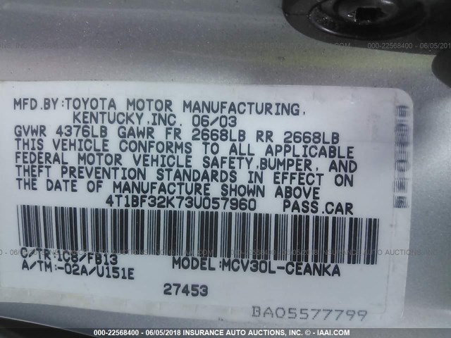 4T1BF32K73U057960 - 2003 TOYOTA CAMRY LE/XLE/SE 银色 照片 9