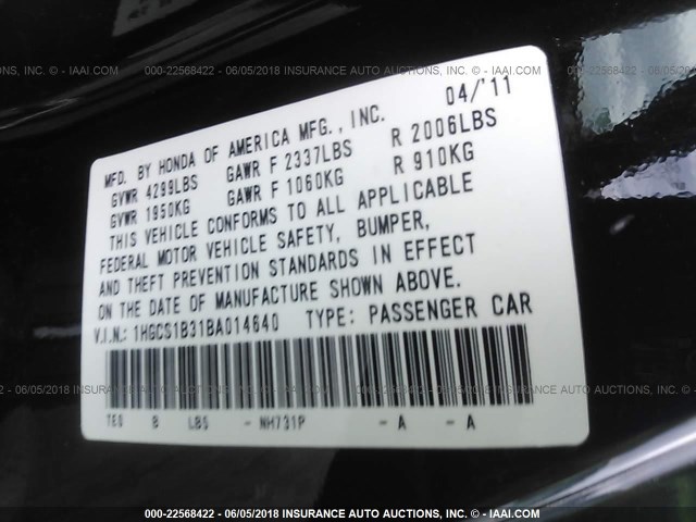 1HGCS1B31BA014640 - 2011 HONDA Accord LX-S BLACK photo 9