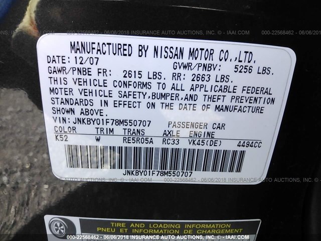 JNKBY01F78M550707 - 2008 INFINITI M45 GRAY photo 9