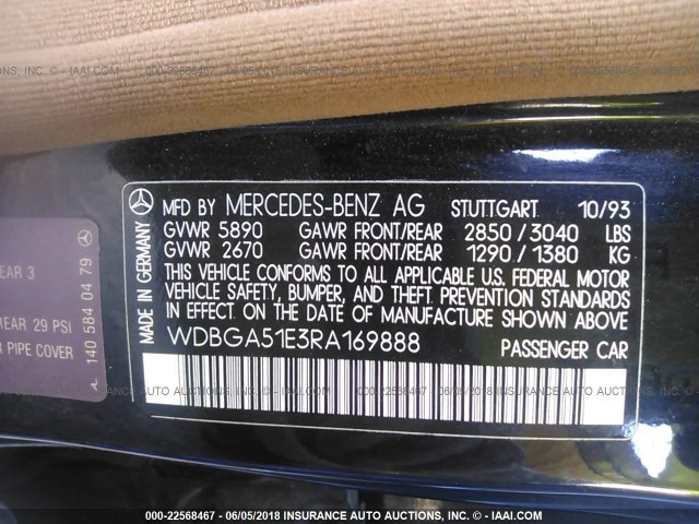 WDBGA51E3RA169888 - 1994 MERCEDES-BENZ S 500 BLACK photo 9