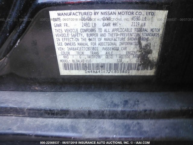 1N4BA41E77C803801 - 2007 NISSAN MAXIMA SE/SL BLACK photo 9