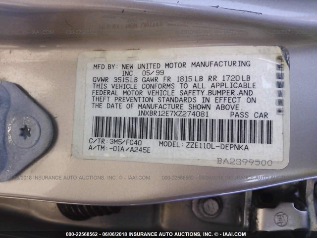 1NXBR12E7XZ274081 - 1999 TOYOTA COROLLA VE/CE/LE 棕色 照片 9