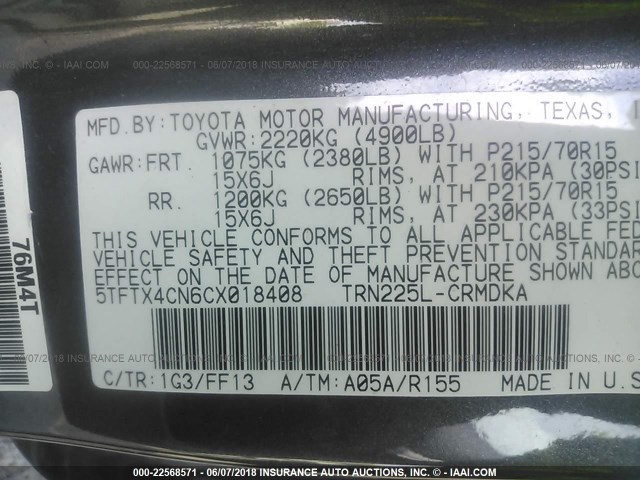 5TFTX4CN6CX018408 - 2012 TOYOTA TACOMA ACCESS CAB Grau Foto 9