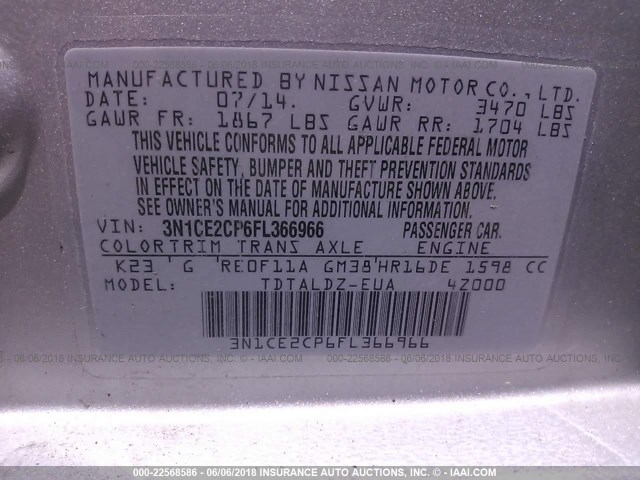 3N1CE2CP6FL366966 - 2015 NISSAN VERSA NOTE S/S PLUS/SV/SL/SR SILVER photo 9