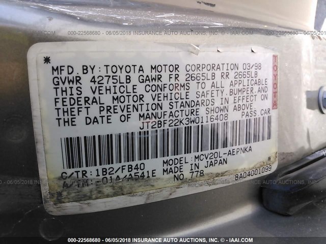 JT2BF22K3W0116408 - 1998 TOYOTA CAMRY CE/LE/XLE SILVER photo 9