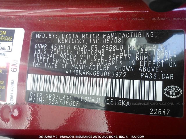 4T1BK46K69U083972 - 2009 TOYOTA CAMRY SE/LE/XLE RED photo 9