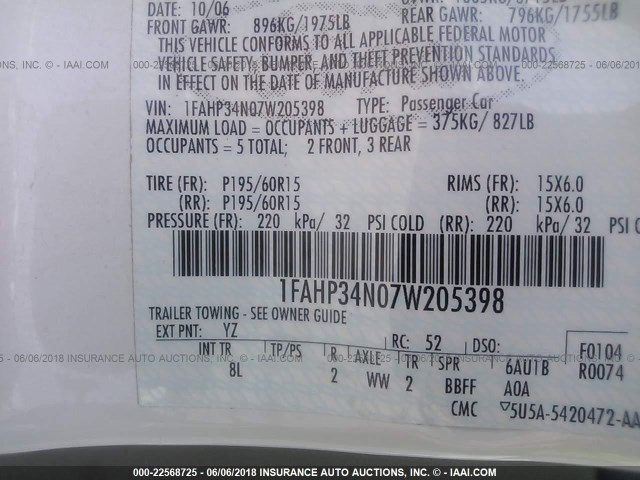 1FAHP34N07W205398 - 2007 FORD FOCUS ZX4/S/SE/SES 白色 照片 9