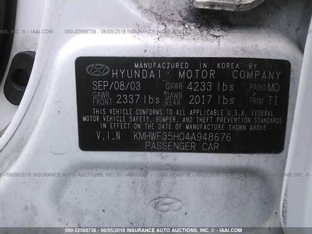 KMHWF35H04A948676 - 2004 HYUNDAI SONATA GLS/LX WHITE photo 9