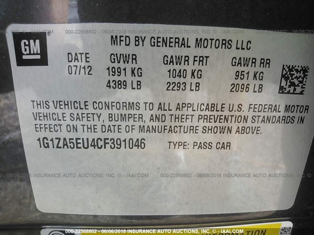 1G1ZA5EU4CF391046 - 2012 CHEVROLET MALIBU LS Boz foto 9