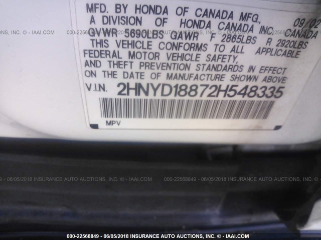 2HNYD18872H548335 - 2002 ACURA MDX TOURING WHITE photo 9