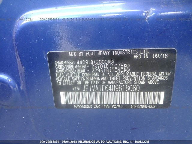 JF1VA1E64H9818060 - 2017 SUBARU WRX PREMIUM BLUE photo 9