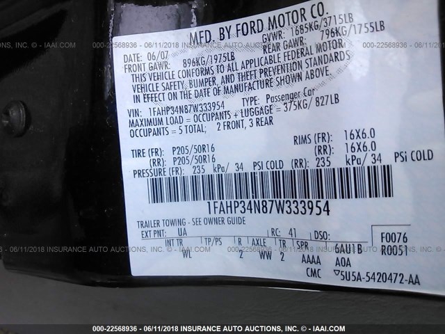 1FAHP34N87W333954 - 2007 FORD FOCUS ZX4/S/SE/SES BLACK photo 9