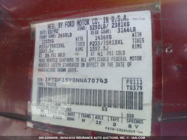 1FTDF15Y0NNA70743 - 1992 FORD F150 RED photo 9