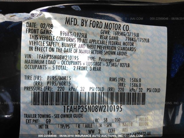 1FAHP35N08W210195 - 2008 FORD FOCUS SE/SEL/SES BLUE photo 9