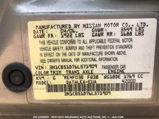 3N1CB51D76L571909 - 2006 NISSAN SENTRA 1.8/1.8S SILVER photo 9