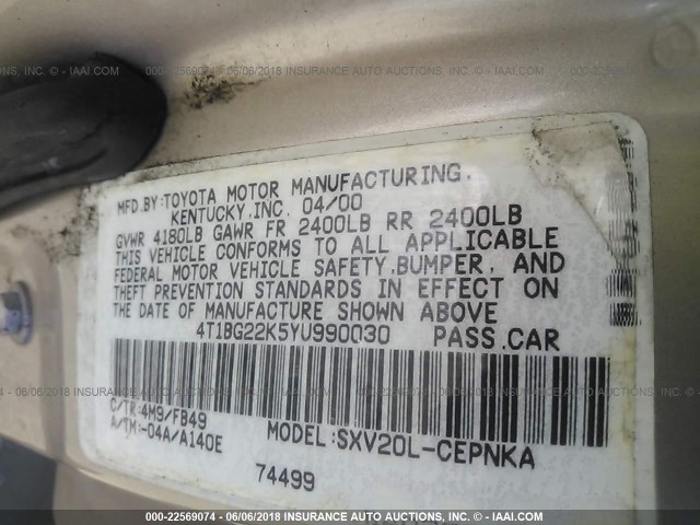 4T1BG22K5YU990030 - 2000 TOYOTA CAMRY CE/LE/XLE 棕色 照片 9