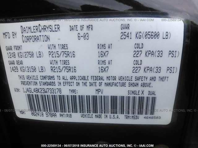 1J4GL48K23W733178 - 2003 JEEP LIBERTY SPORT/FREEDOM შავი ფოტო 9