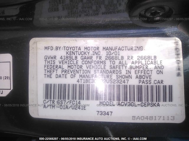 4T1BE30K02U523247 - 2002 TOYOTA CAMRY LE/XLE/SE მწვანე ფოტო 9