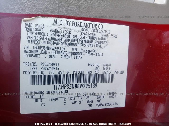 1FAHP35N88W295139 - 2008 FORD FOCUS SE/SEL/SES RED photo 9