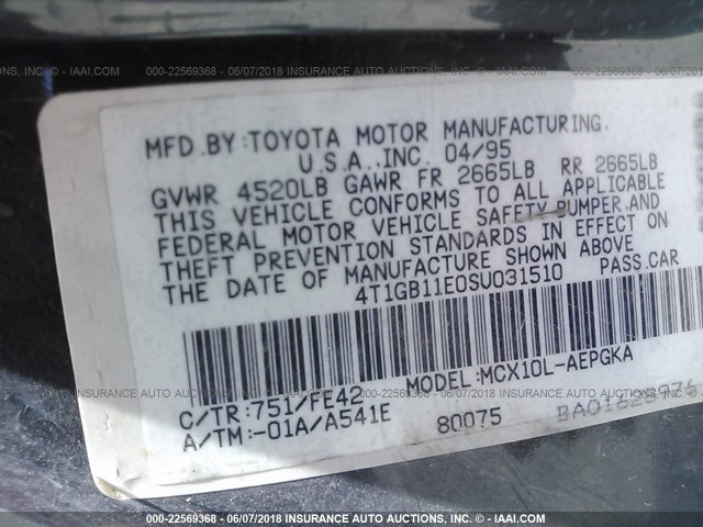 4T1GB11E0SU031510 - 1995 TOYOTA AVALON XLS GREEN photo 9