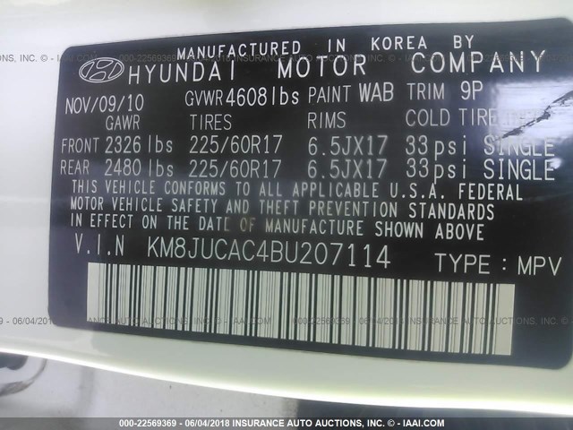 KM8JUCAC4BU207114 - 2011 HYUNDAI TUCSON GLS/LIMITED WHITE photo 9