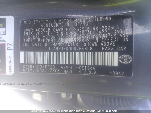 4T1BF1FK0DU264898 - 2013 TOYOTA CAMRY L/SE/LE/XLE 灰色 照片 9