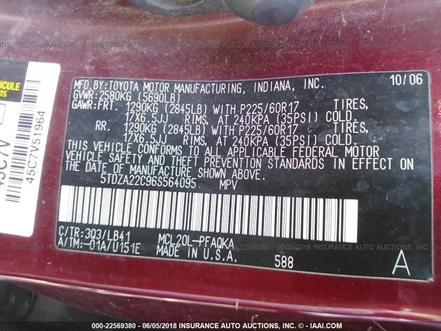 5TDZA22C96S564095 - 2006 TOYOTA SIENNA XLE/XLE LIMITED RED photo 9