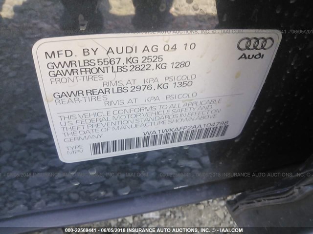 WA1WKAFP2AA104798 - 2010 AUDI Q5 PRESTIGE GRAY photo 9
