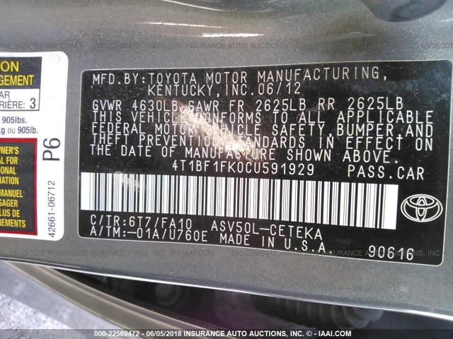 4T1BF1FK0CU591929 - 2012 TOYOTA CAMRY SE/LE/XLE Yaşıl foto 9