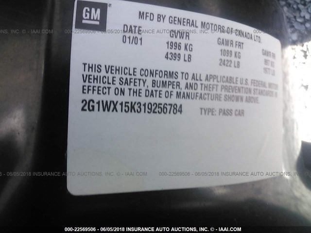 2G1WX15K319256784 - 2001 CHEVROLET MONTE CARLO SS შავი ფოტო 9