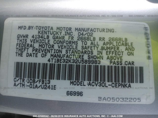 4T1BE32K32U589983 - 2002 TOYOTA CAMRY LE/XLE/SE ვერცხლისფერი ფოტო 9