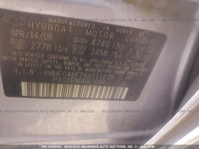 KMHFC46F76A111275 - 2006 HYUNDAI AZERA SE/LIMITED GRAY photo 9