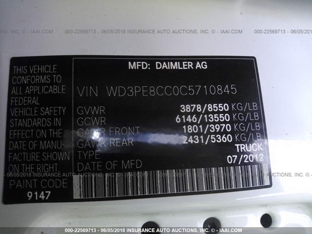 WD3PE8CC0C5710845 - 2012 MERCEDES-BENZ 2500 SPRINTER 2500 WHITE photo 9